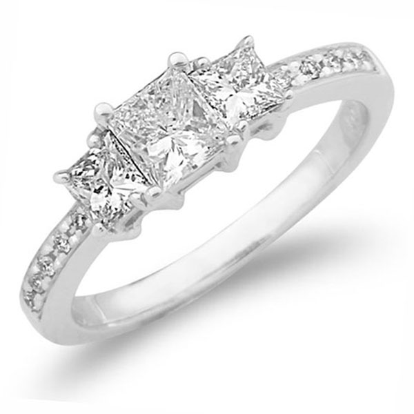 14K White Gold 3 Stone Princess Cut Diamond Engagement Ring
