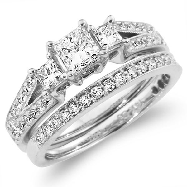 Fancy Three Stone Princess Cut Engagement Ring Set