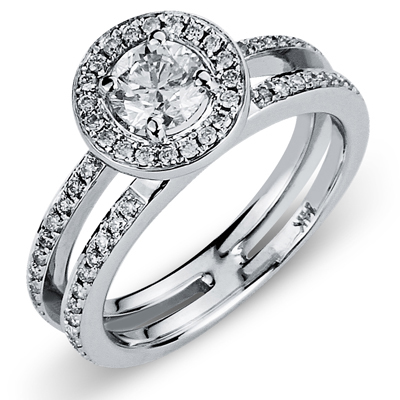14K White Gold Split Shank Halo Round Diamond Engagement Ring 0.75ctw