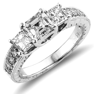 14K White Gold Asscher Cut Three Stone Diamond Engagement Ring 1.60ctw
