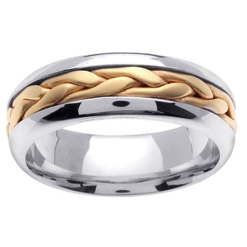 7mm Contemporary Yellow Woven Inlay 14K Two Tone Gold Wedding Band