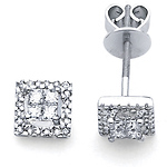 14K Gold Mini Square Princess & Round Halo Diamond Earring Studs