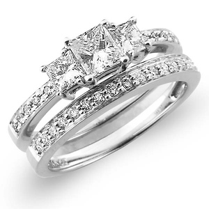 14K White Gold 3 Stone Princess Cut Diamond Wedding Ring Set 0.92ctw