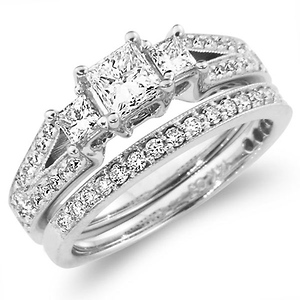 Fancy Three Stone Princess Cut Engagement Ring Set