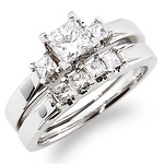 14K White Gold 3 Stone Princess Cut Diamond Wedding Ring Set 0.85ctw