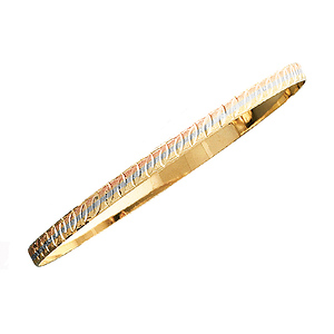 14K Tri-Color Gold Bangle Bracelet with Leaf Carvings
