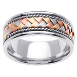 8.5mm Tri-Color Handmade Braid & Cord 14K White Gold Wedding Band