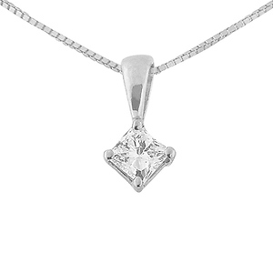 14K White Gold 0.33ct Princess Diamond Solitaire Pendant & Box Chain