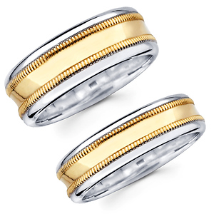 14K Two Tone Milgrain Matching Wedding Bands Set