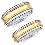 14K Two Tone Milgrain Matching Wedding Bands Set