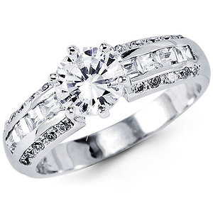 Fancy 14K White Gold CZ Engagement Ring with Side Stones