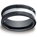 8mm Men's Concave Satin Silver-Inlay Black Ceramic Ring