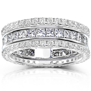 14K White Gold 3 CTW Round & Princess Cut Diamond 3 Piece Eternity Ring Set