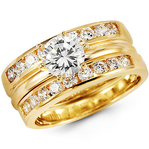 Three Piece 14K Yellow Gold CZ Engagement Wedding Ring Set