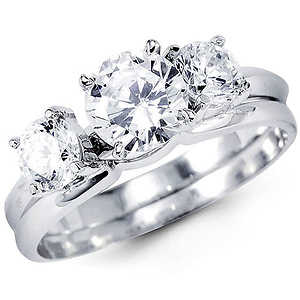 Classic 14K White Gold Three Stone CZ Wedding Ring Set