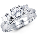 Classic 14K White Gold Three Stone CZ Wedding Ring Set