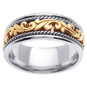 9.0mm 14K Two Tone Gold Flourish Art Deco Wedding Band for Men