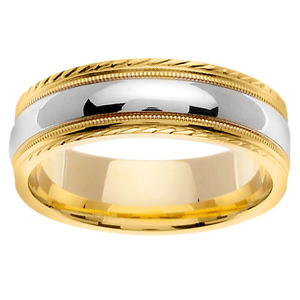 Carved Edge 14K Two Tone Gold  Milgrain Wedding Ring