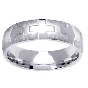 Cross Textured 14K White Gold Christian Wedding Ring